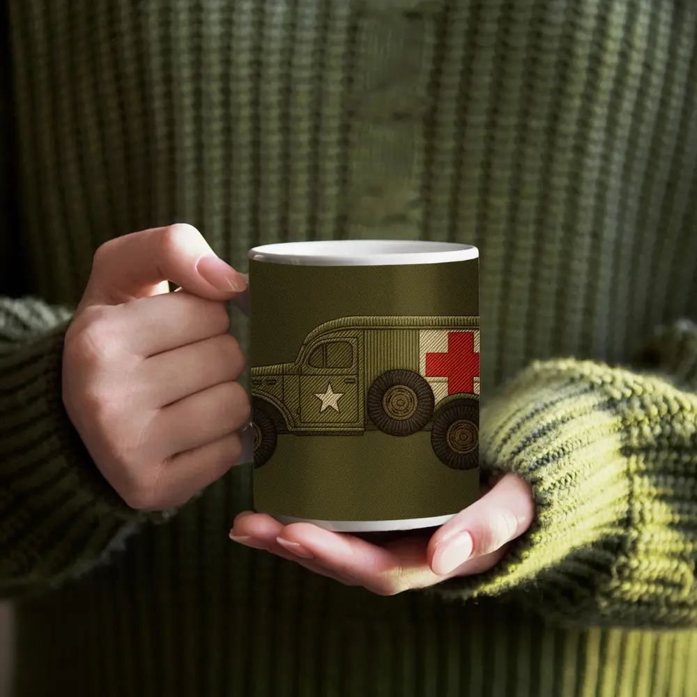 WWII Military Ambulance Truck Embroidery Art – Mugs