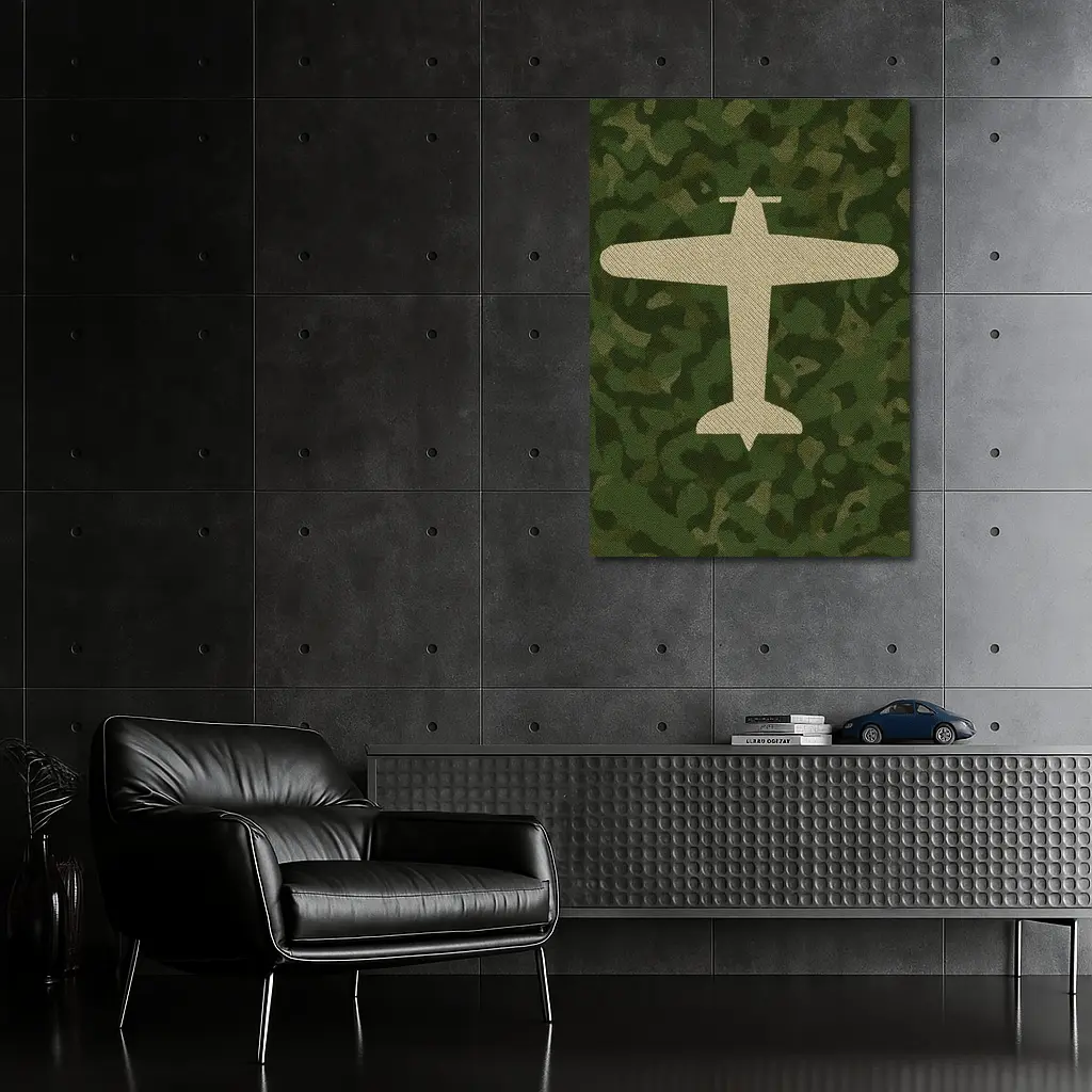 Military Airplane Silhouette On Camouflage Background – Wall Art