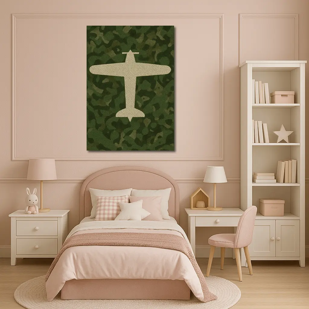 Military Airplane Silhouette On Camouflage Background – Wall Art
