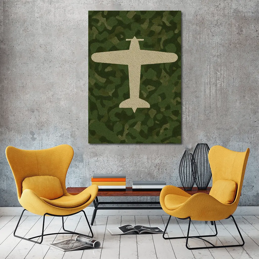 Military Airplane Silhouette On Camouflage Background – Wall Art