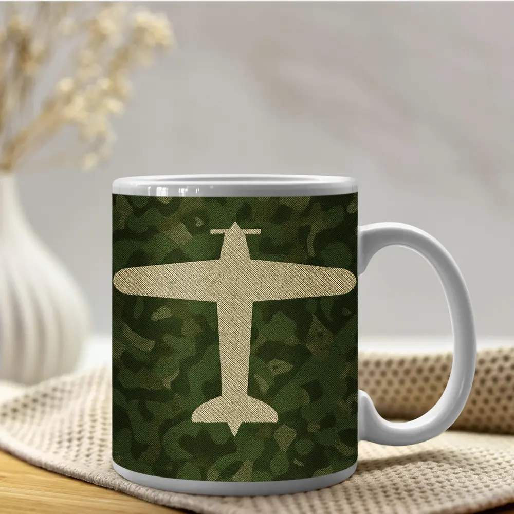 Military Airplane Silhouette On Camouflage Background – Mugs