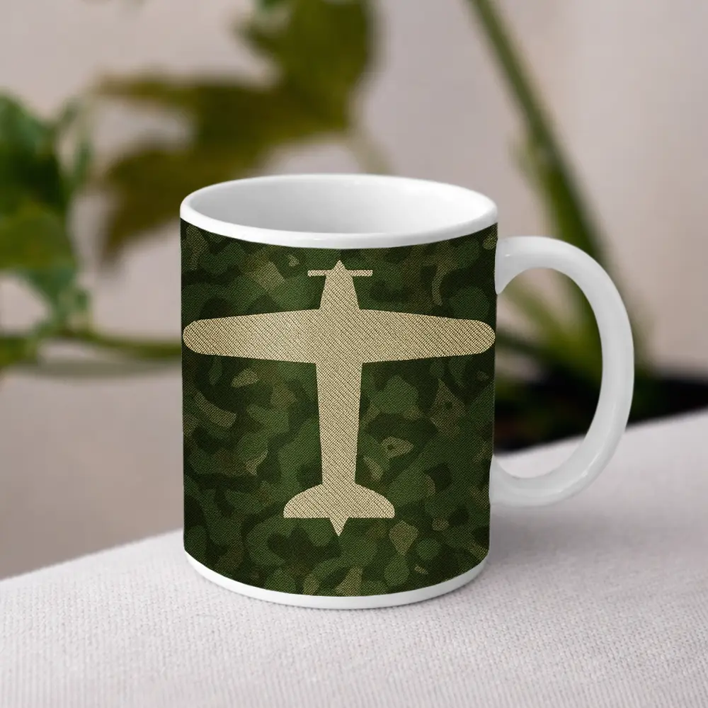 Military Airplane Silhouette On Camouflage Background – Mugs