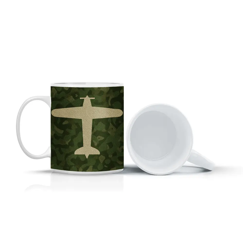 Military Airplane Silhouette On Camouflage Background – Mugs