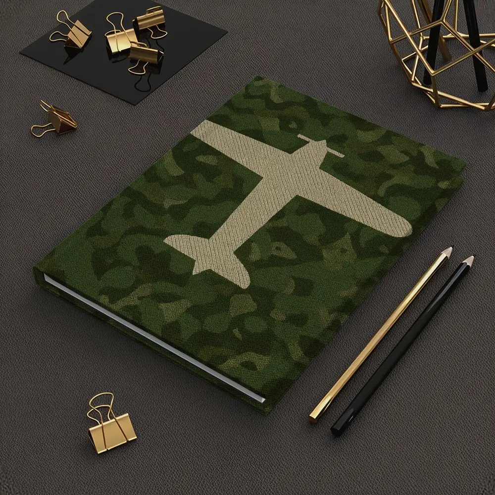 Military Airplane Silhouette On Camouflage Background – Notebooks