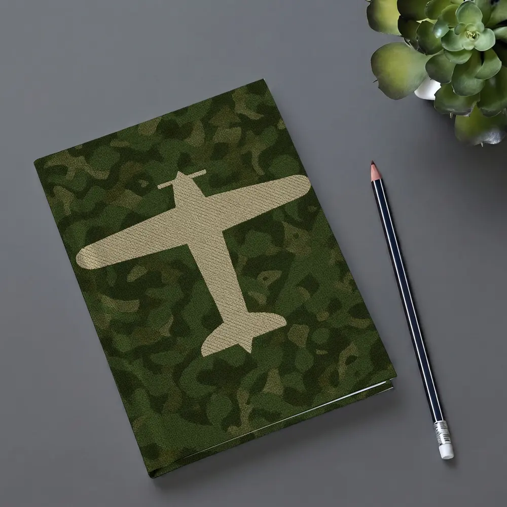 Military Airplane Silhouette On Camouflage Background – Notebooks