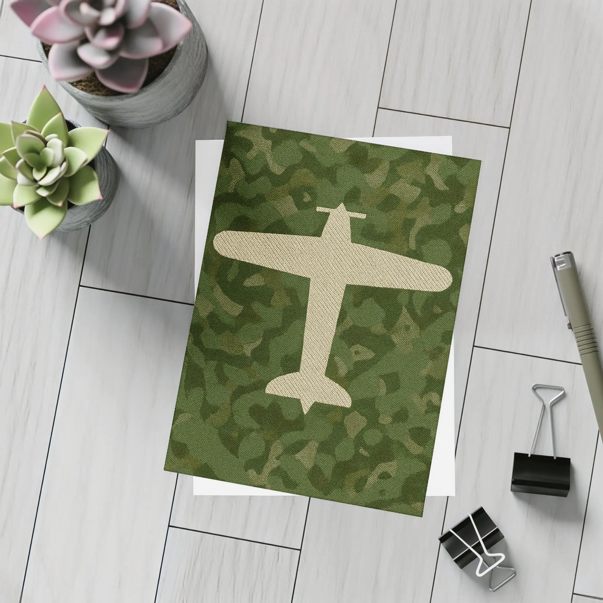 Military Airplane Silhouette On Camouflage Background – Postcards