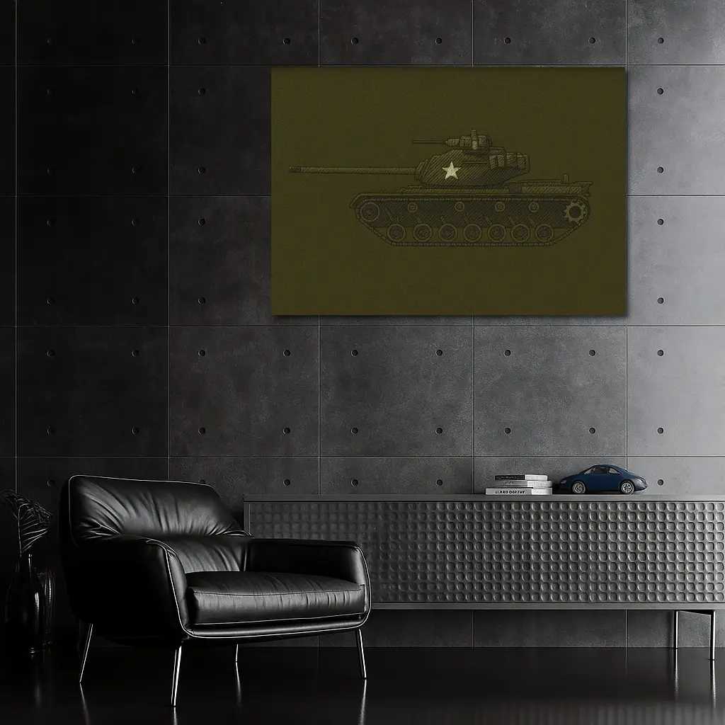 Military Tank Sketch Olive Green Background – Wall Art