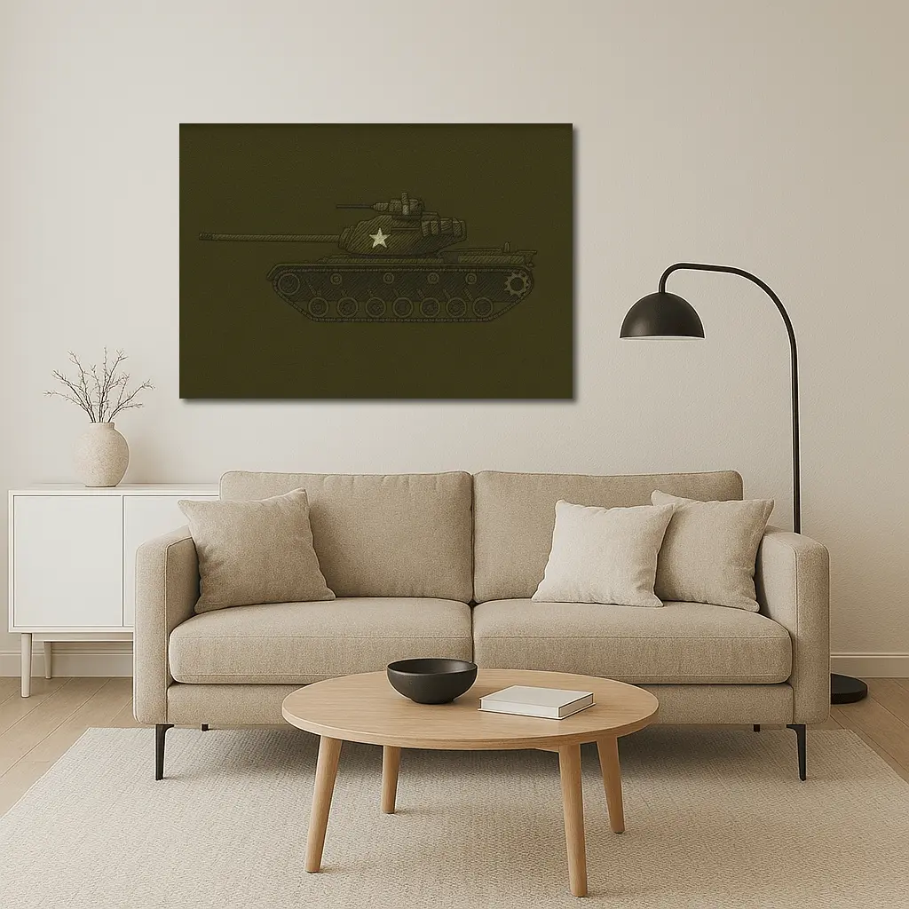 Military Tank Sketch Olive Green Background – Wall Art