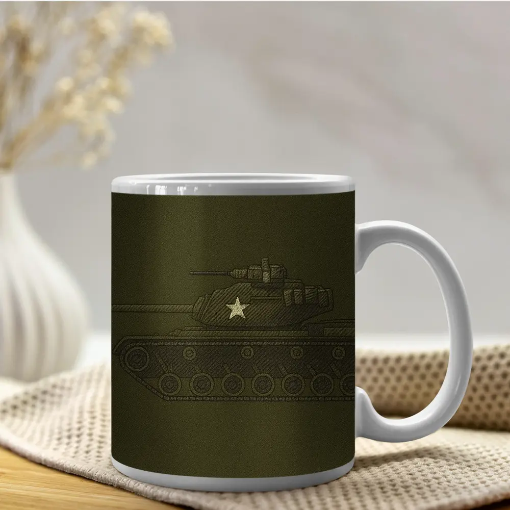 Military Tank Sketch Olive Green Background – Mugs