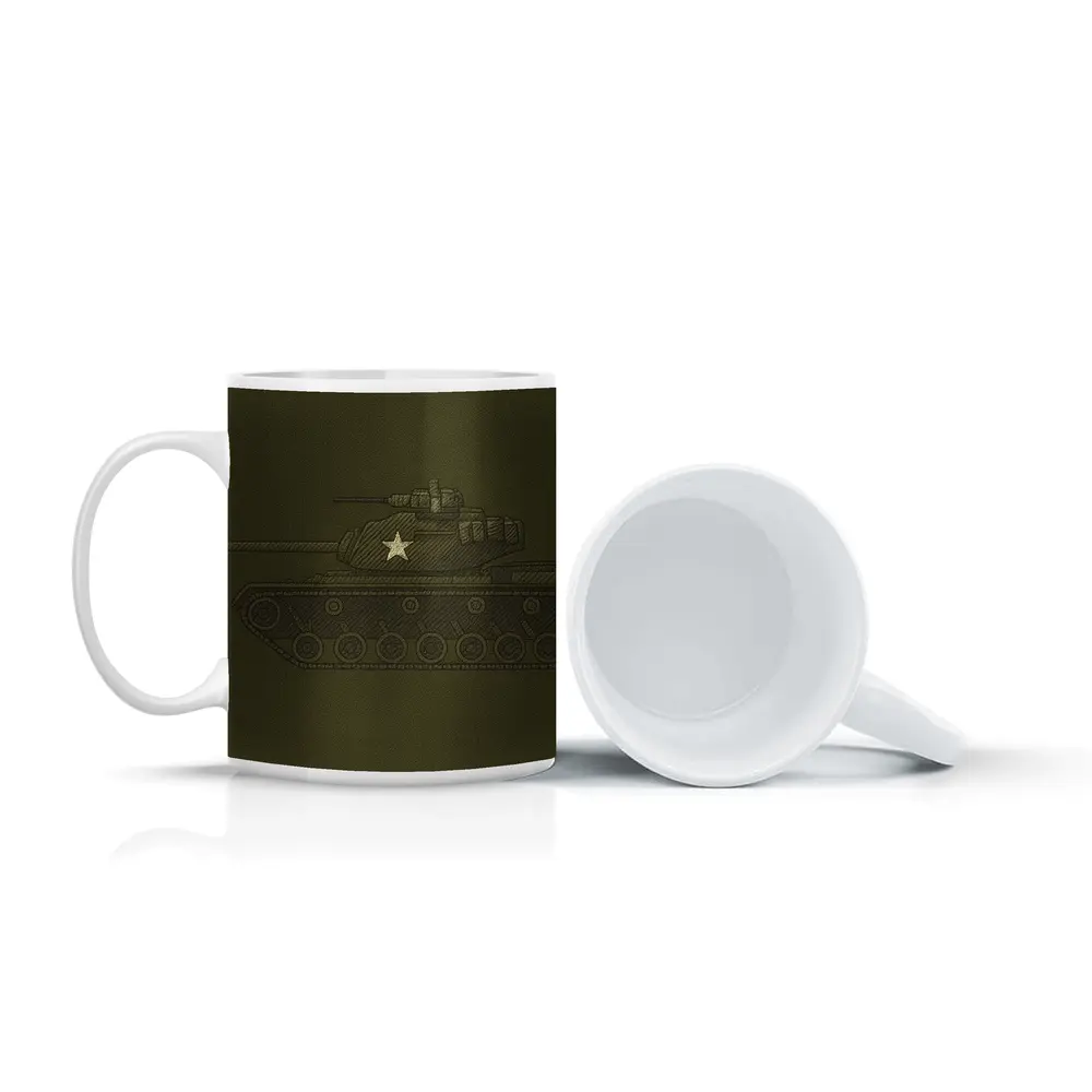 Military Tank Sketch Olive Green Background – Mugs