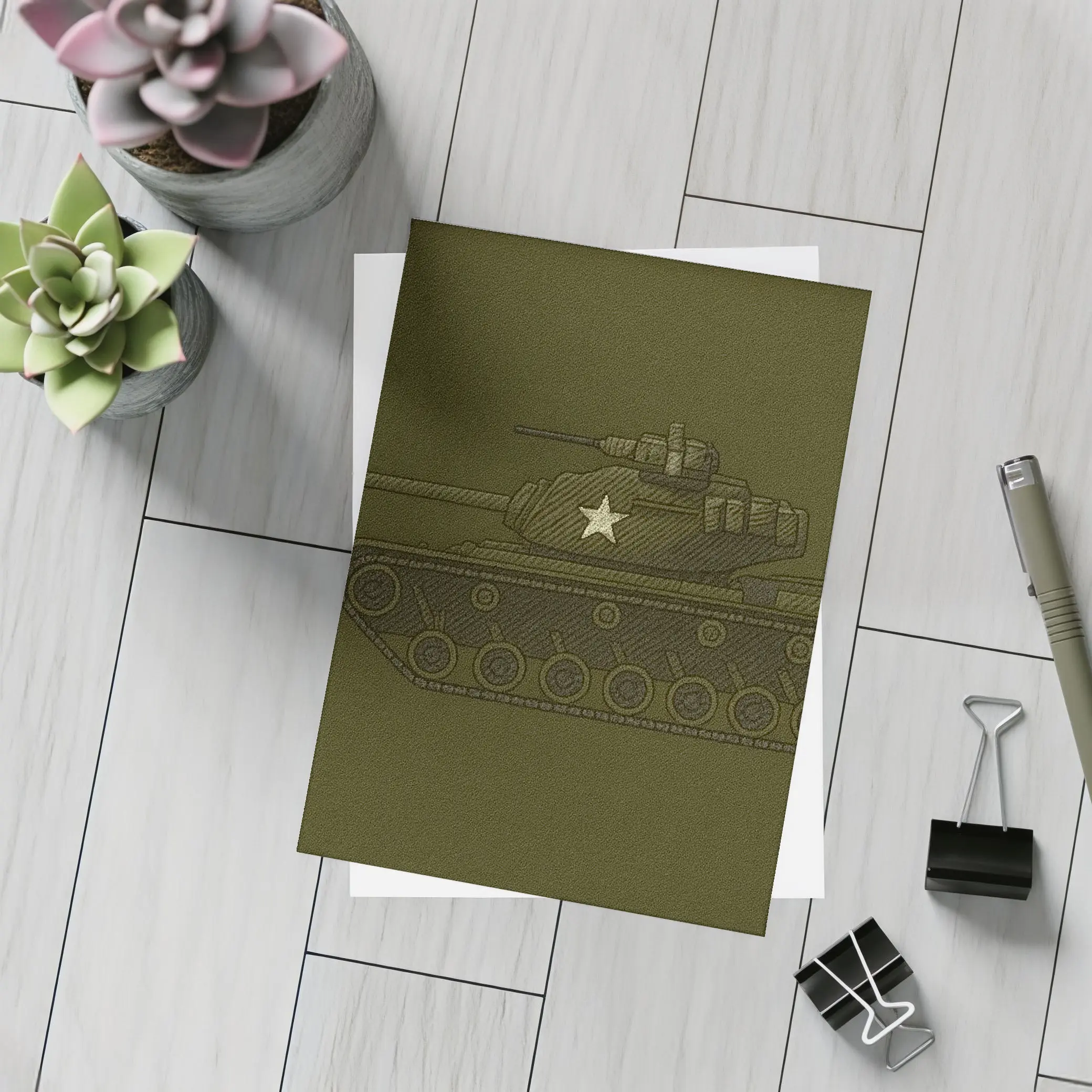 Military Tank Sketch Olive Green Background – Postcards
