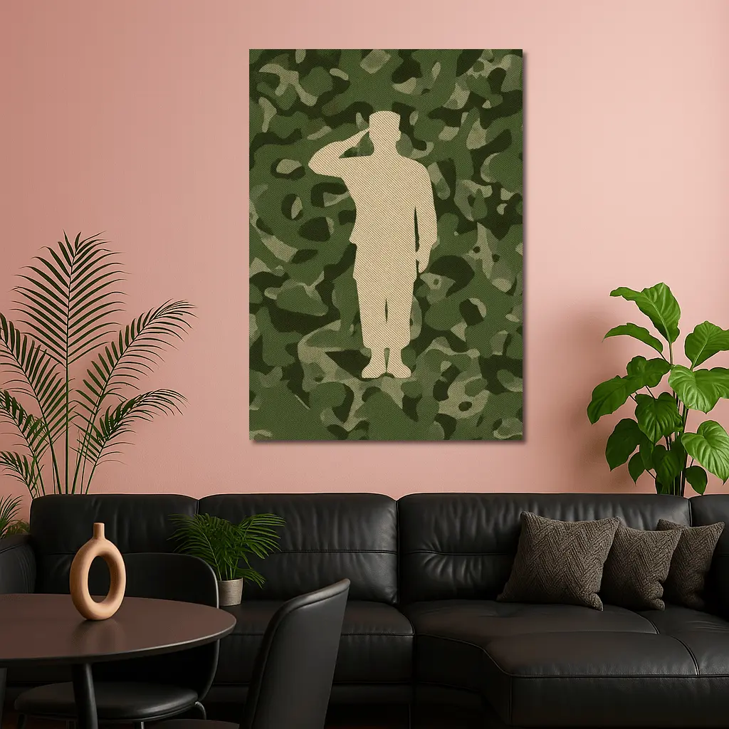 Saluting Soldier Silhouette Green Camouflage Background – Wall Art