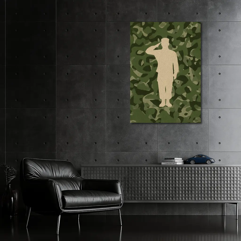 Saluting Soldier Silhouette Green Camouflage Background – Wall Art