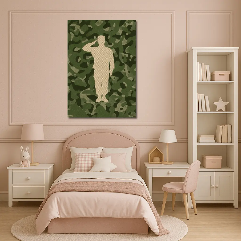 Saluting Soldier Silhouette Green Camouflage Background – Wall Art