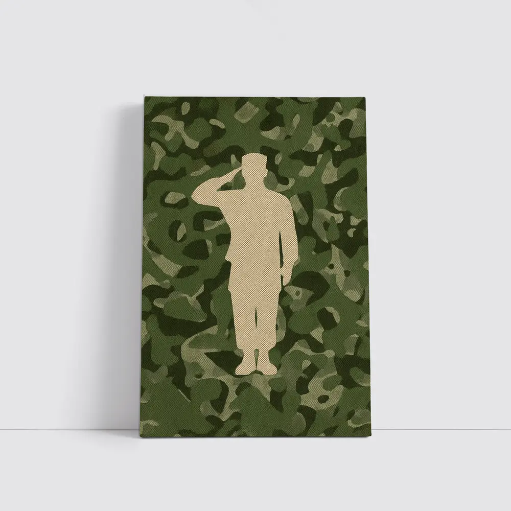 Saluting Soldier Silhouette Green Camouflage Background – Wall Art