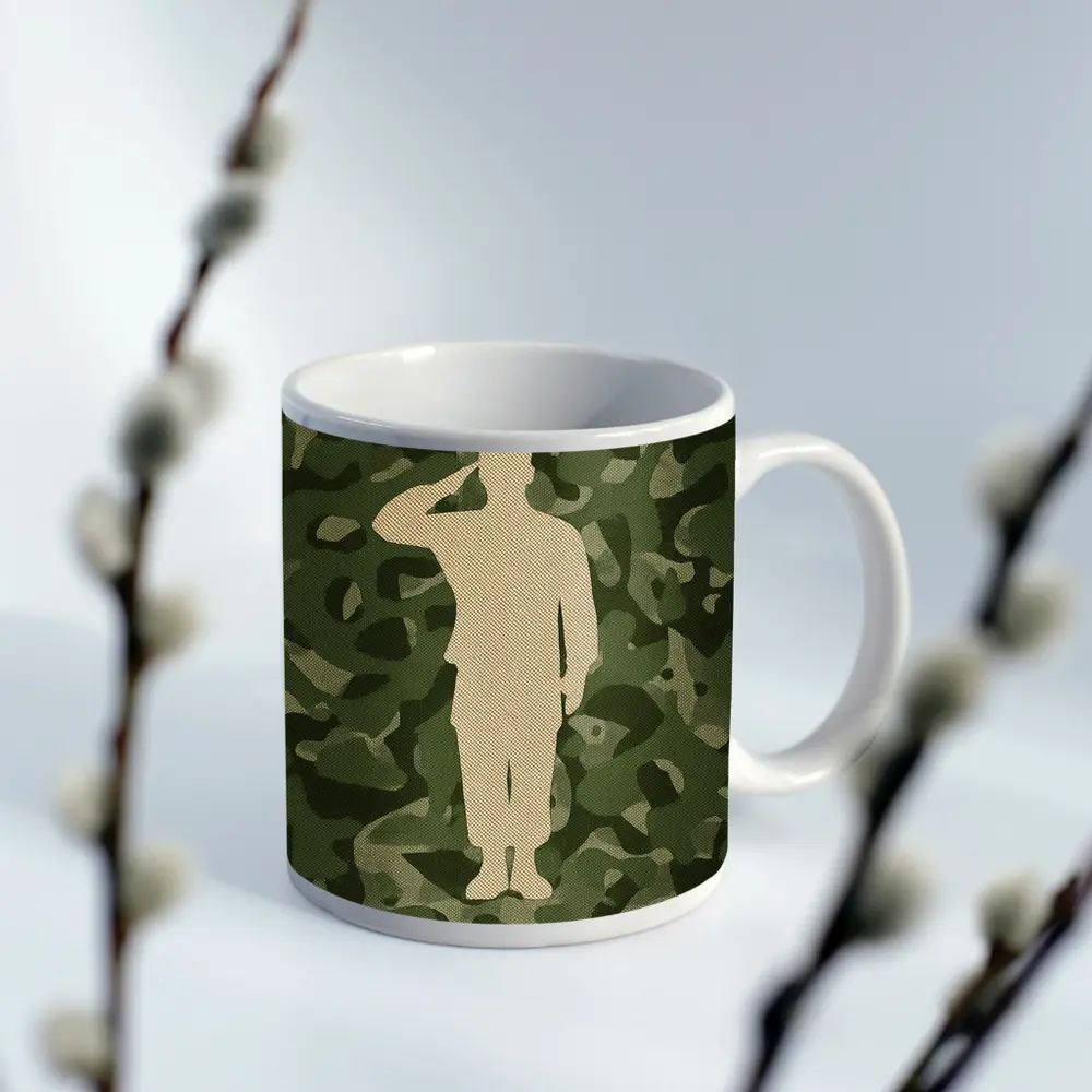 Saluting Soldier Silhouette Green Camouflage Background – Mugs