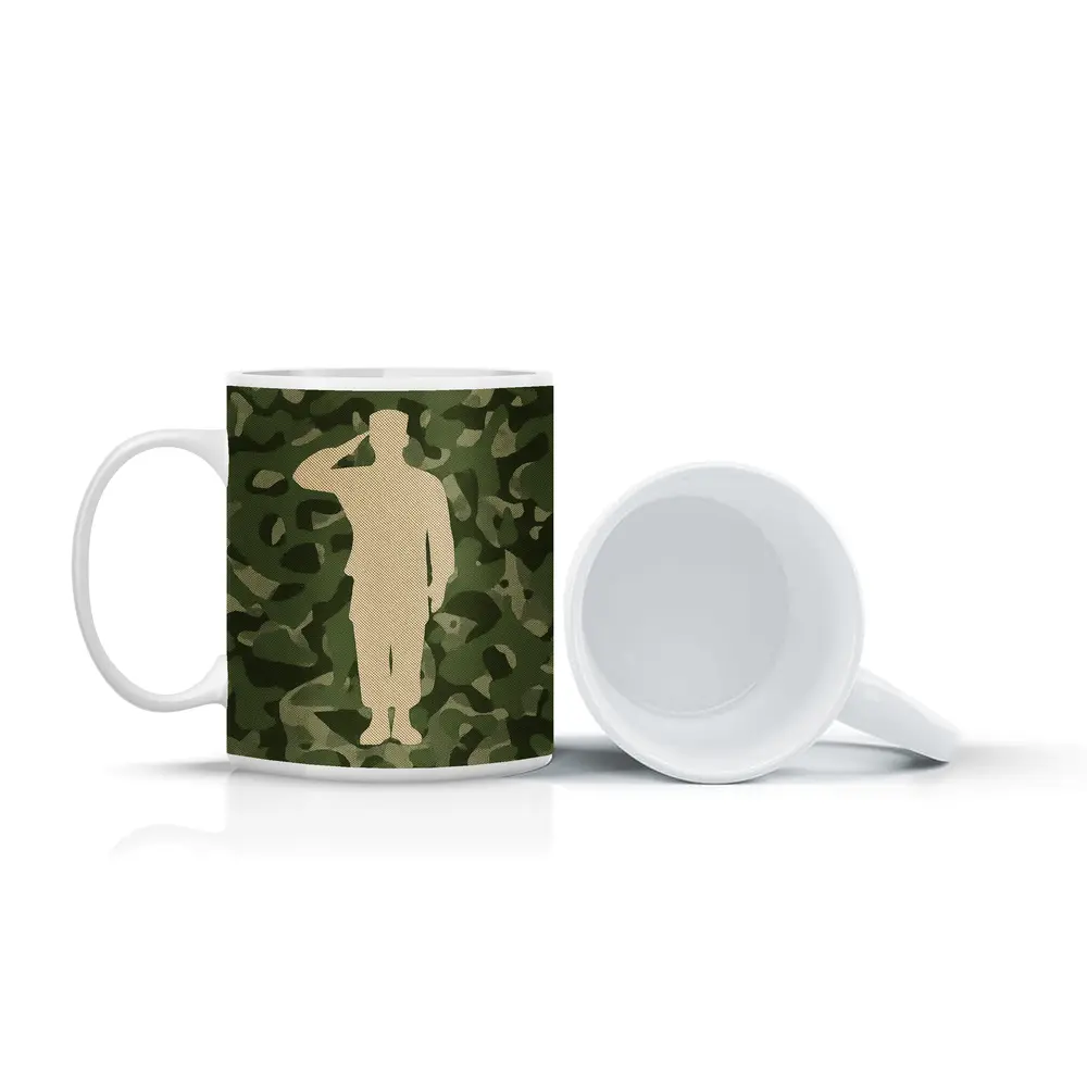 Saluting Soldier Silhouette Green Camouflage Background – Mugs