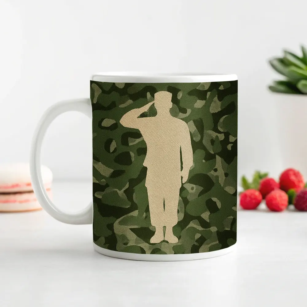 Saluting Soldier Silhouette Green Camouflage Background – Mugs