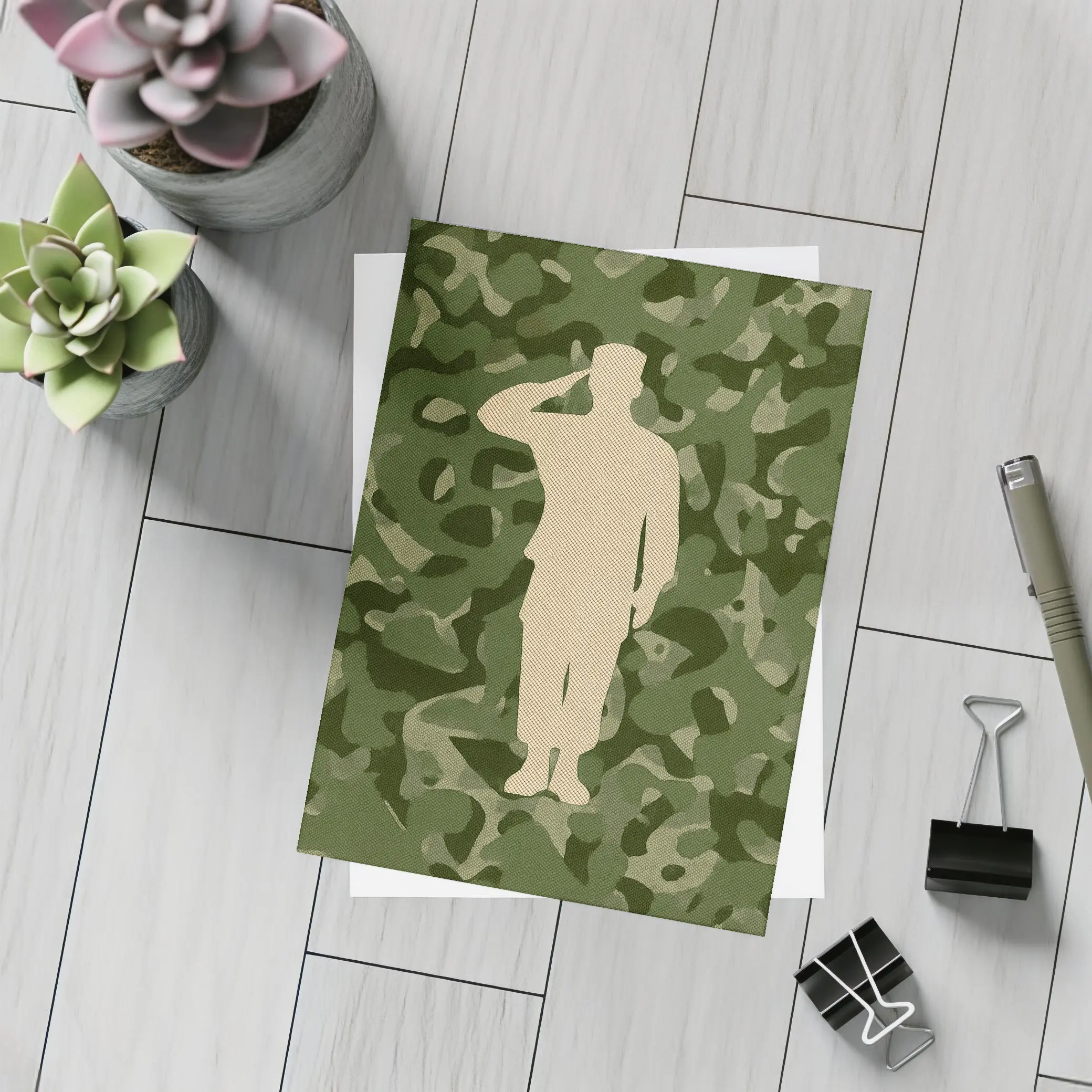 Saluting Soldier Silhouette Green Camouflage Background – Postcards