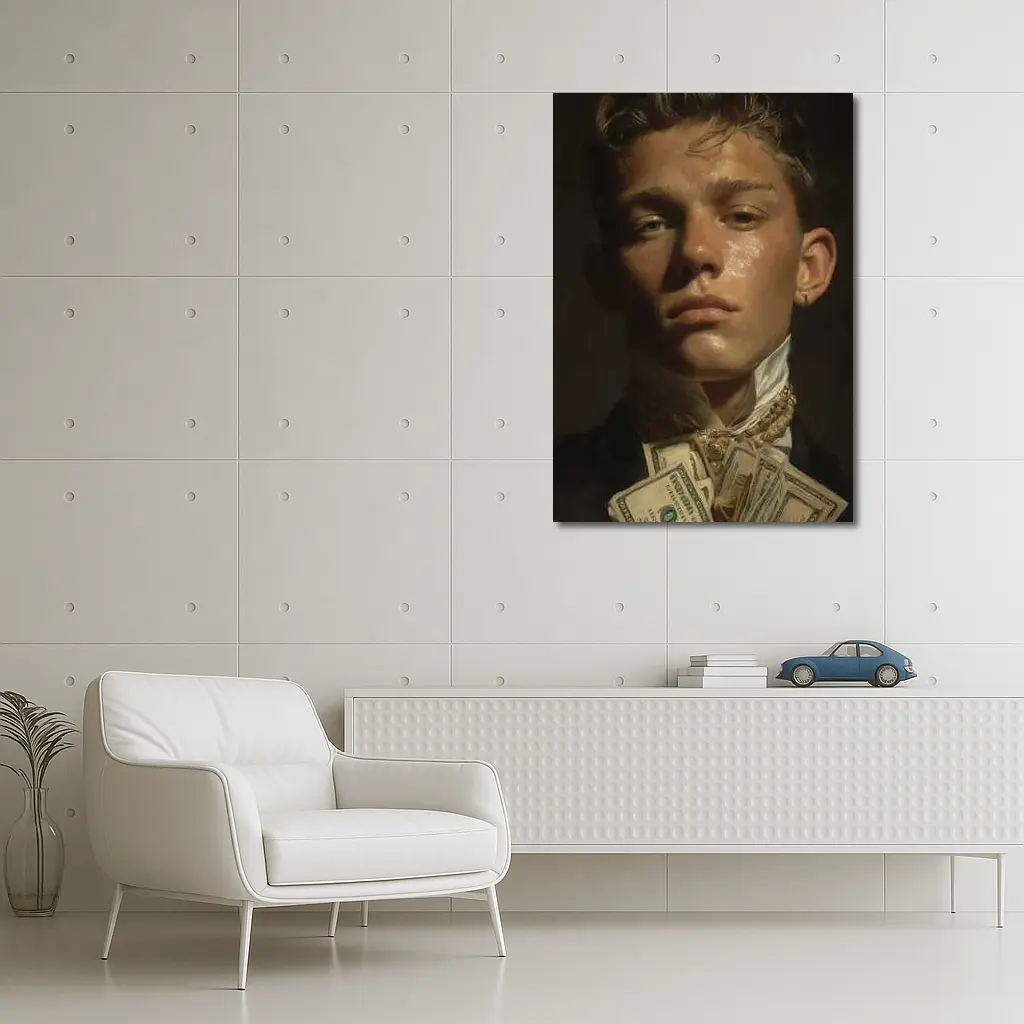 Young Man Portrait Holding Cash Dark Background – Wall Art