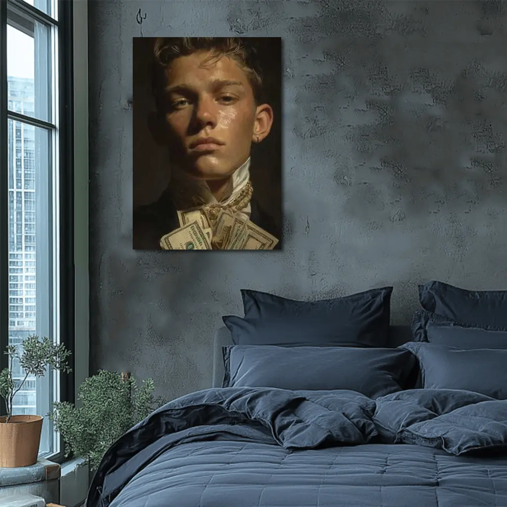 Young Man Portrait Holding Cash Dark Background – Wall Art