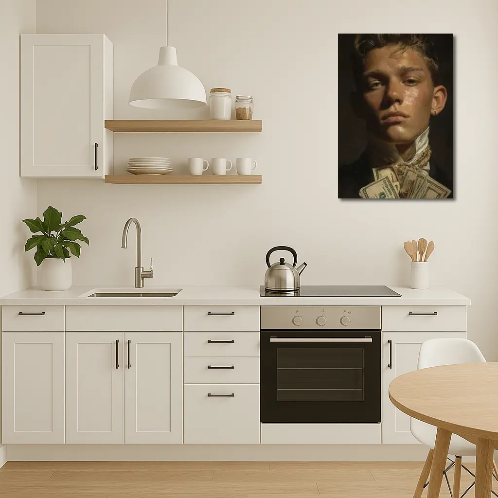 Young Man Portrait Holding Cash Dark Background – Wall Art