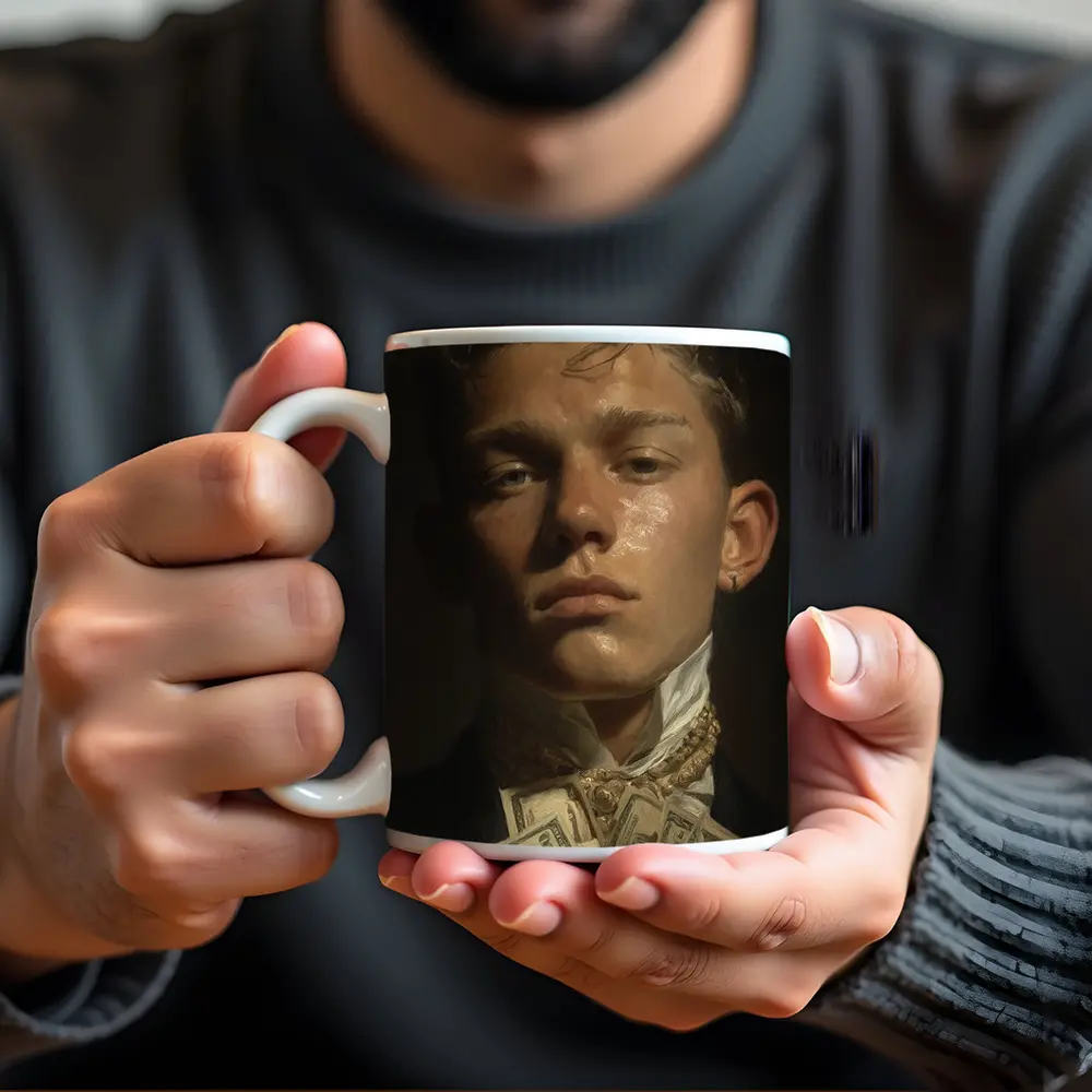 Young Man Portrait Holding Cash Dark Background – Mugs