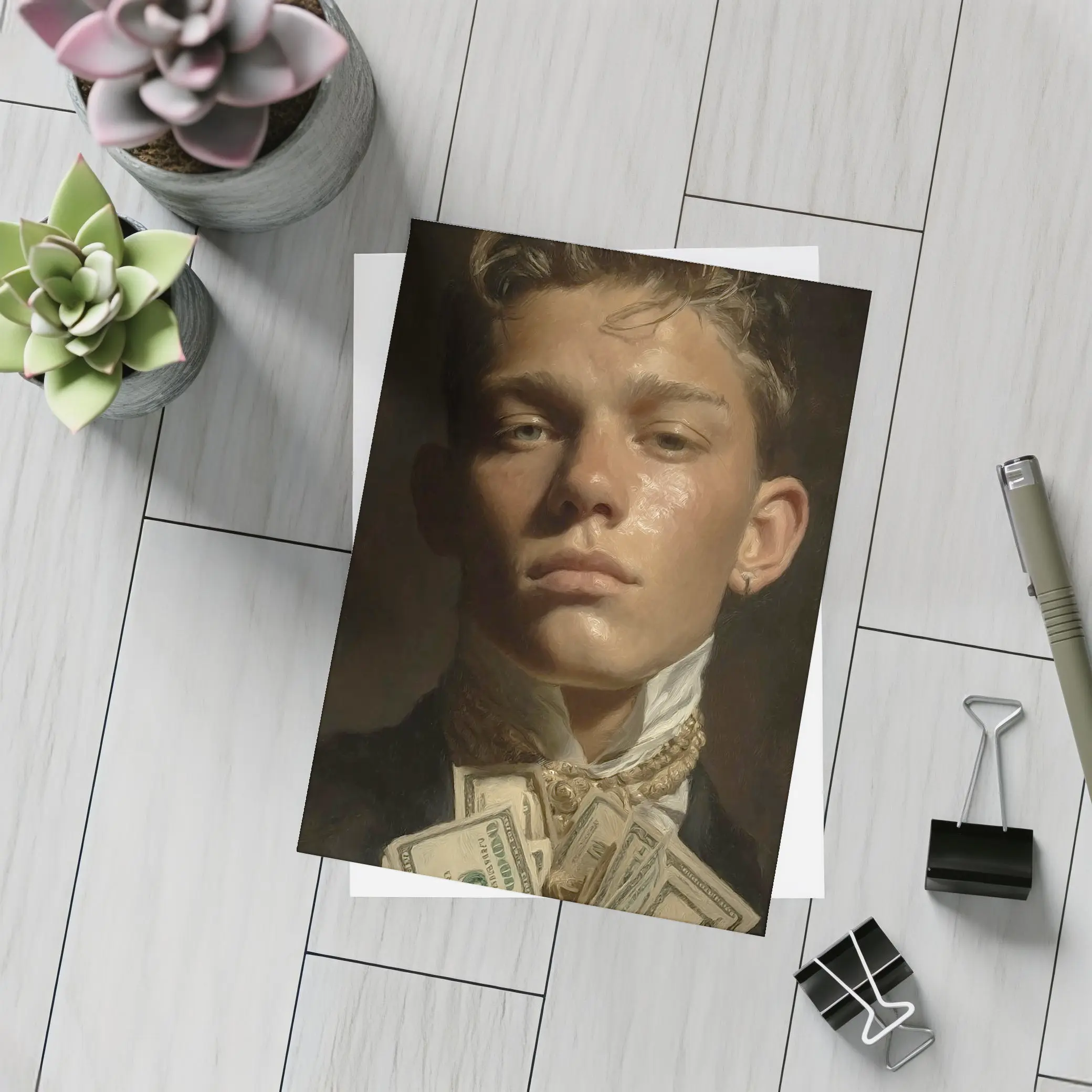 Young Man Portrait Holding Cash Dark Background – Postcards