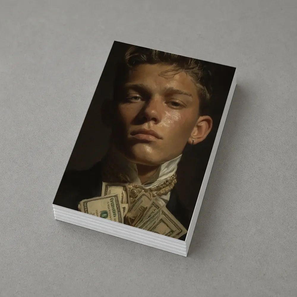 Young Man Portrait Holding Cash Dark Background – Postcards