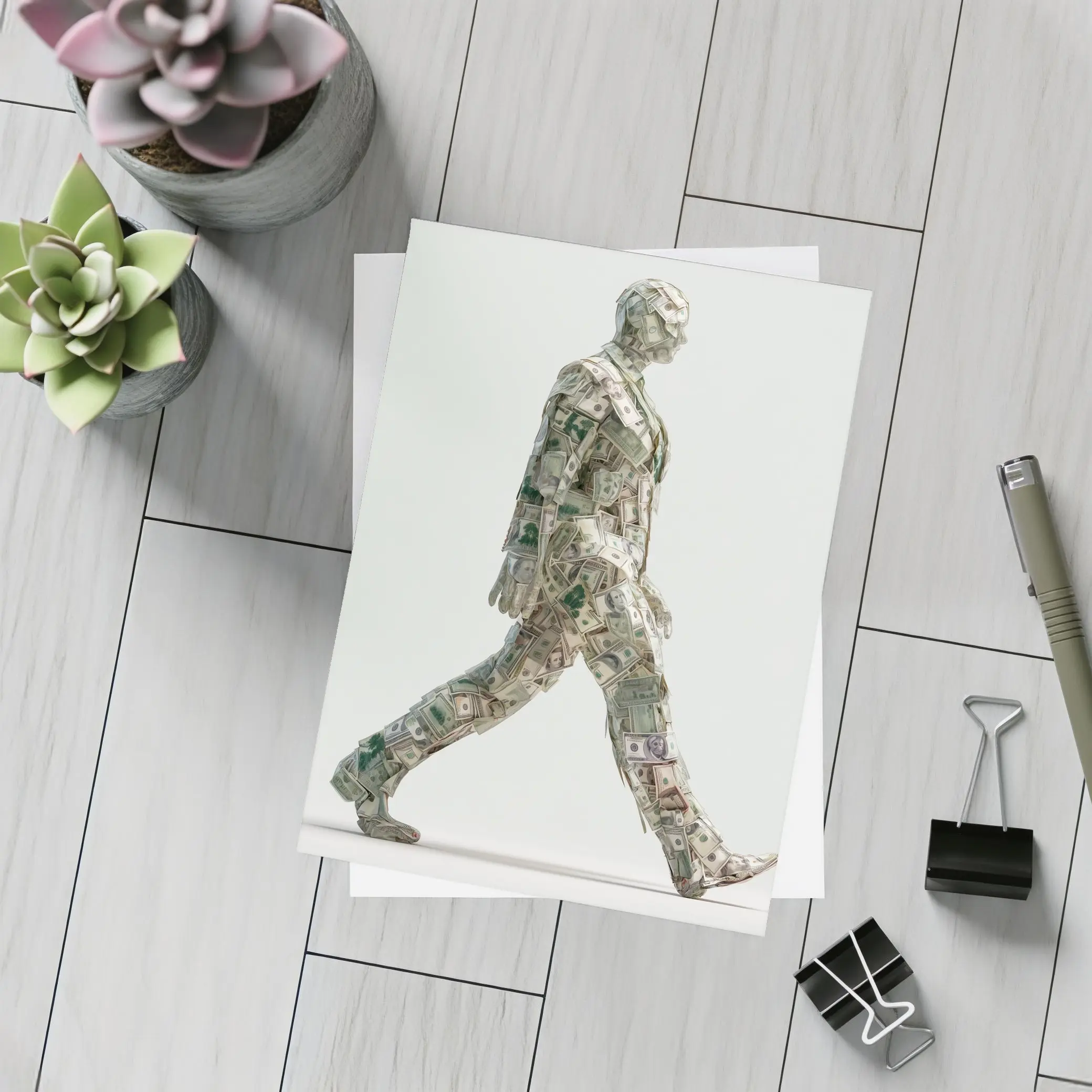 Walking Man Figure Made Of Dollar Bills – Postcards