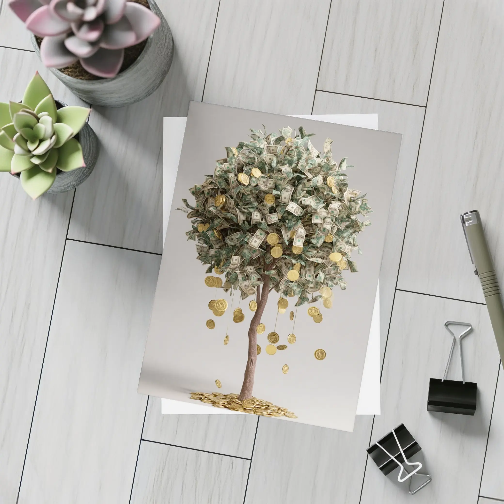 Money Tree Gold Coins Dollar Bills Art – Postcards