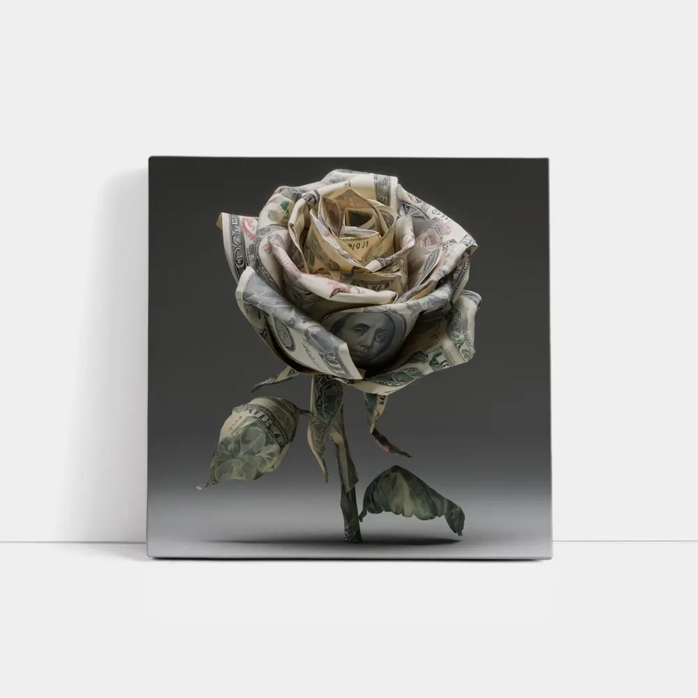 Dollar Bill Rose Origami Gray Background – Wall Art