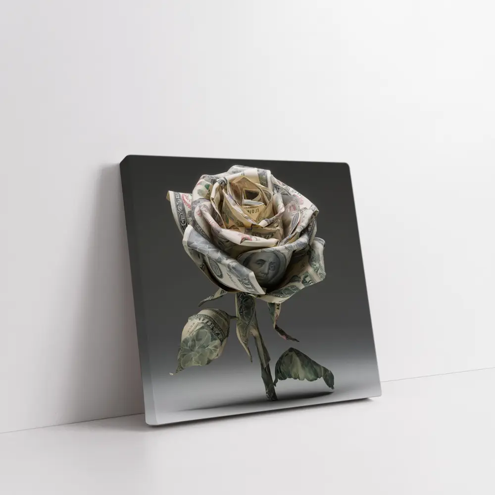 Dollar Bill Rose Origami Gray Background – Wall Art