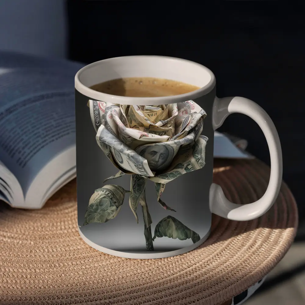 Dollar Bill Rose Origami Gray Background – Mugs