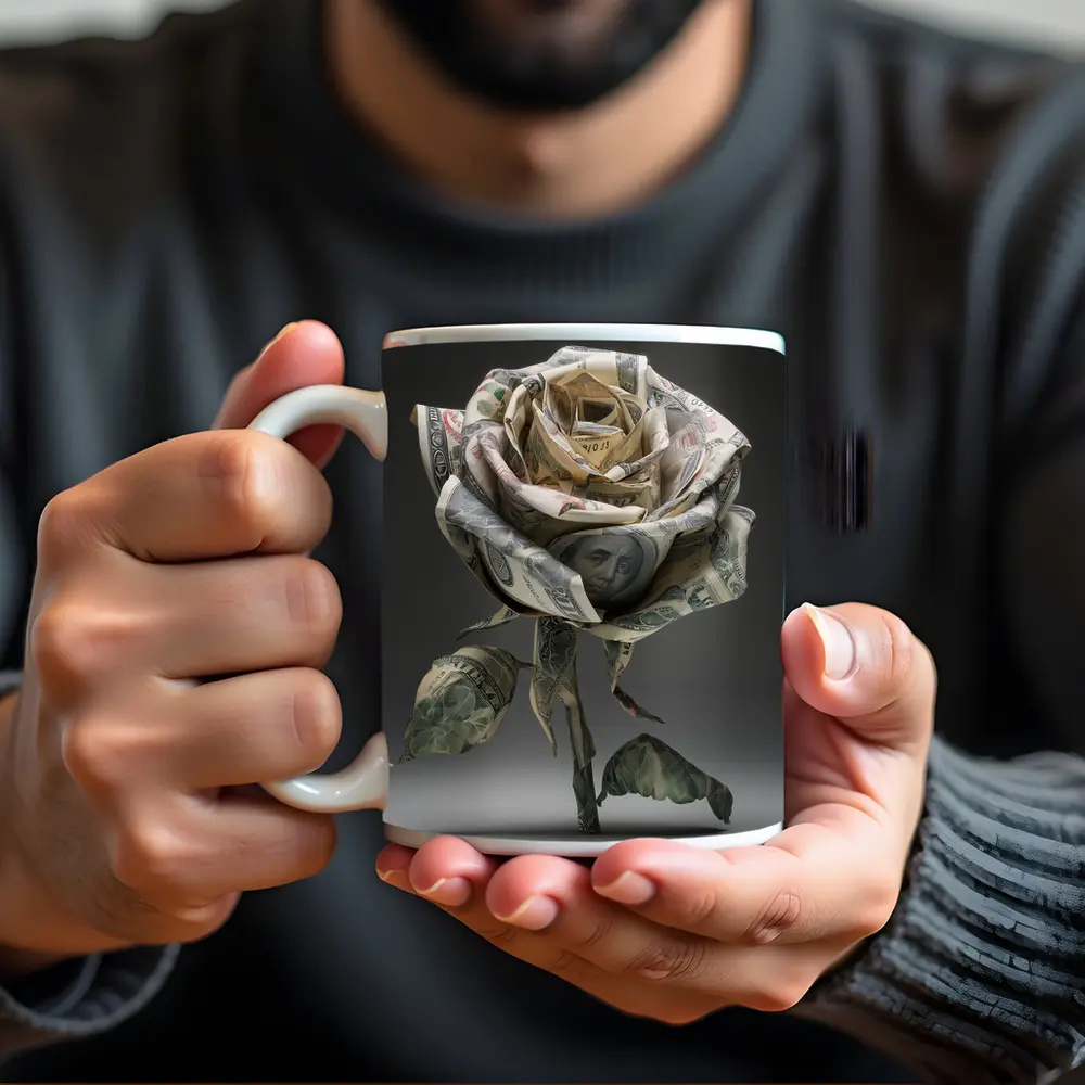 Dollar Bill Rose Origami Gray Background – Mugs