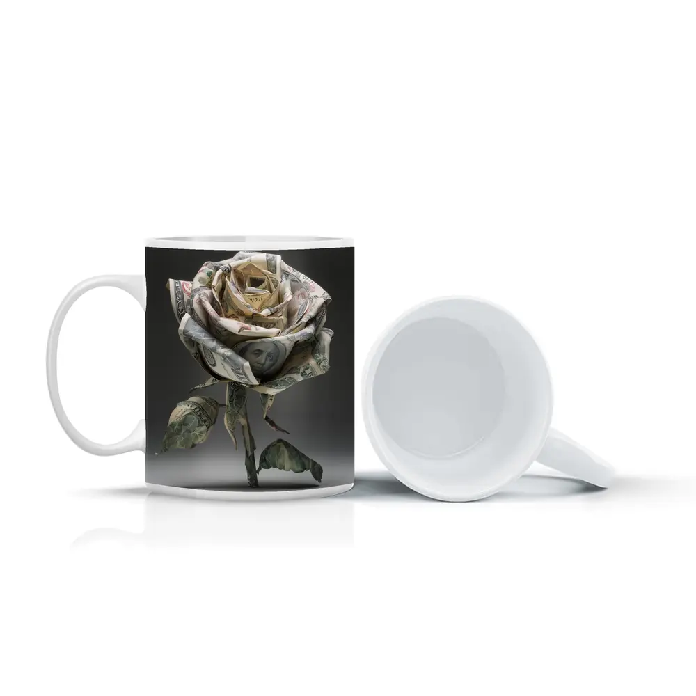 Dollar Bill Rose Origami Gray Background – Mugs