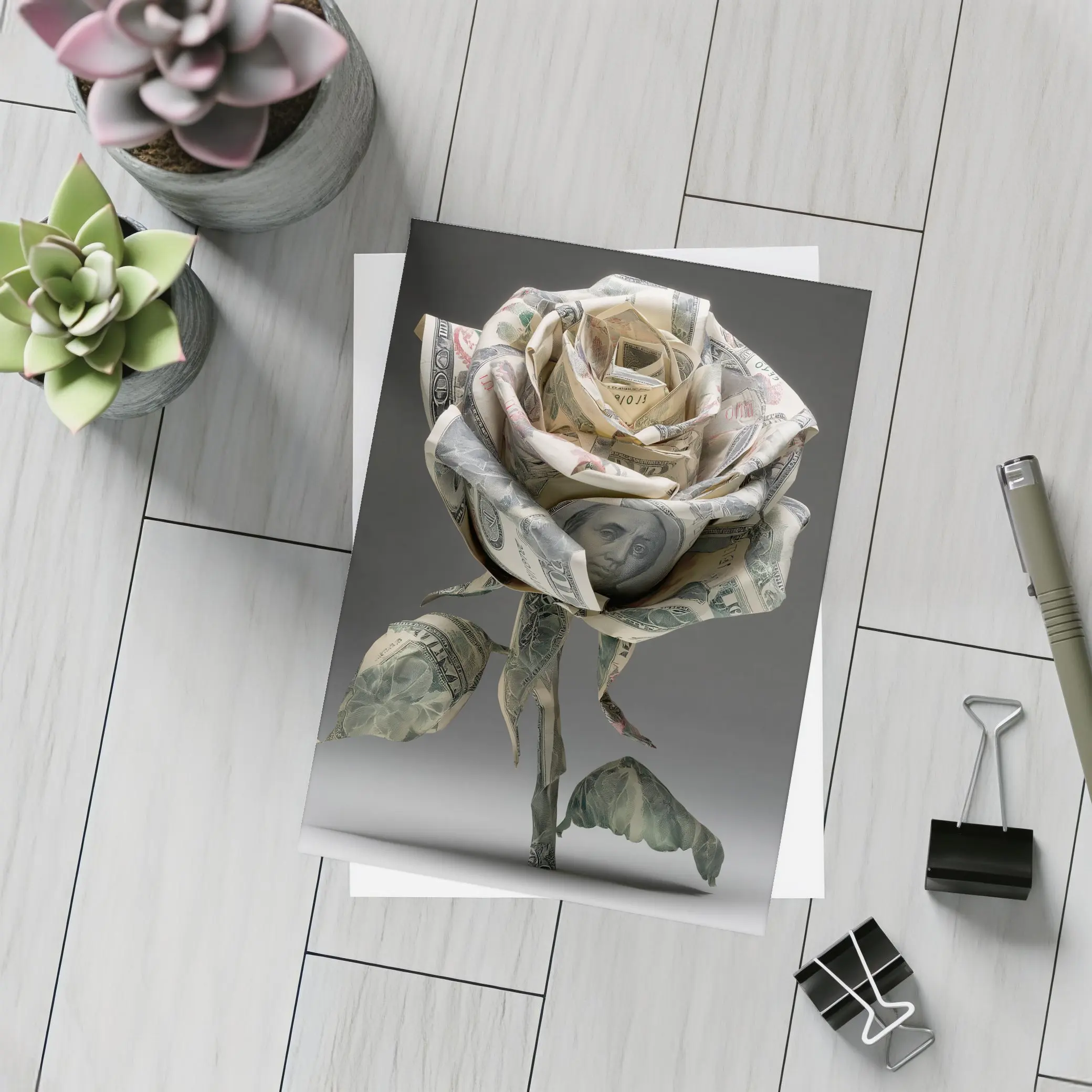 Dollar Bill Rose Origami Gray Background – Postcards