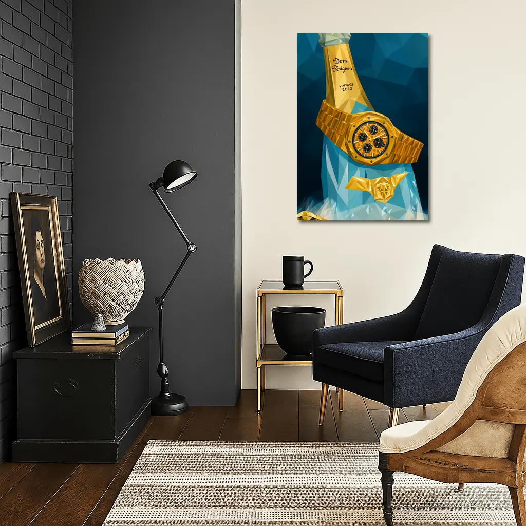 Gold Watch Dom Perignon Champagne Low Poly – Wall Art