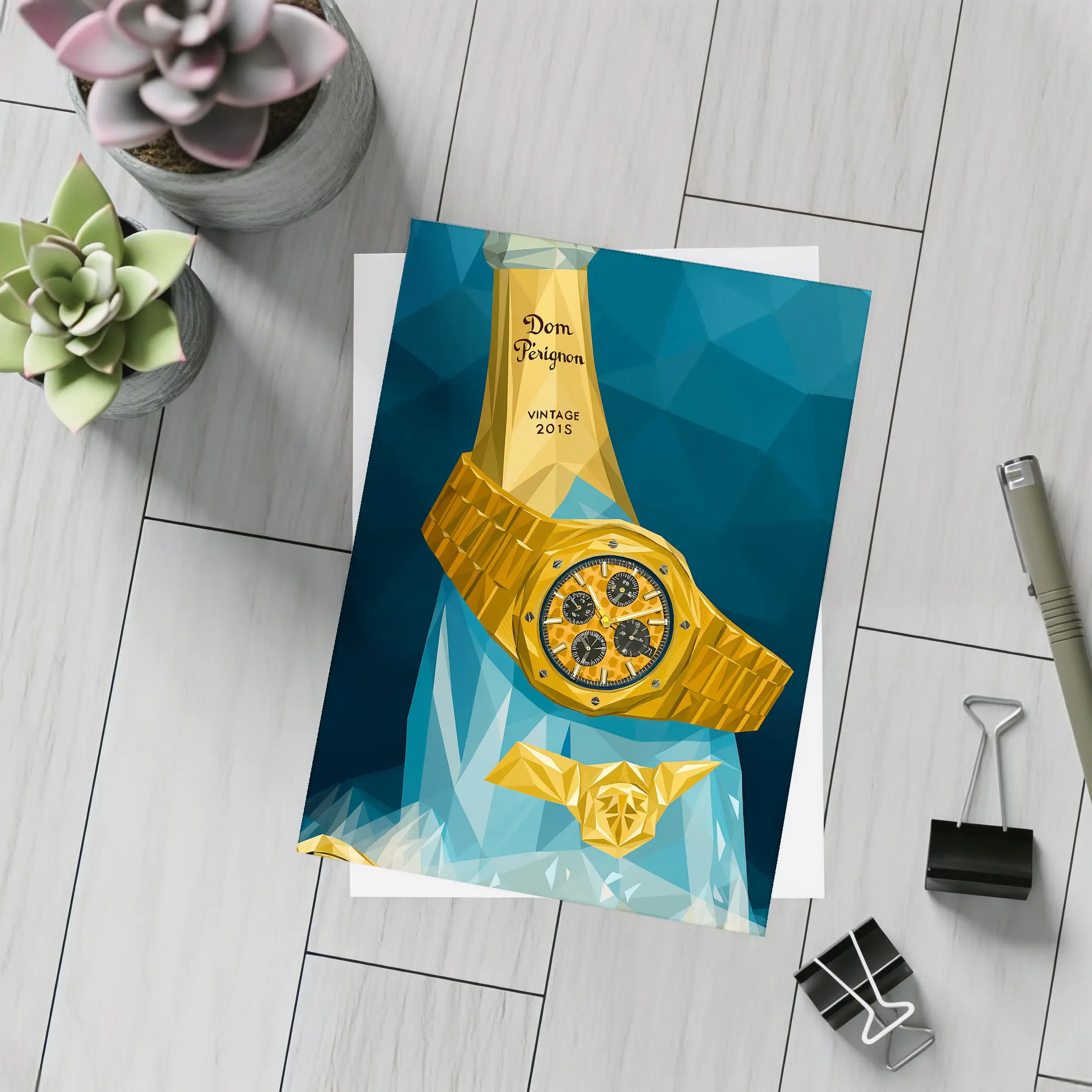 Gold Watch Dom Perignon Champagne Low Poly – Postcards
