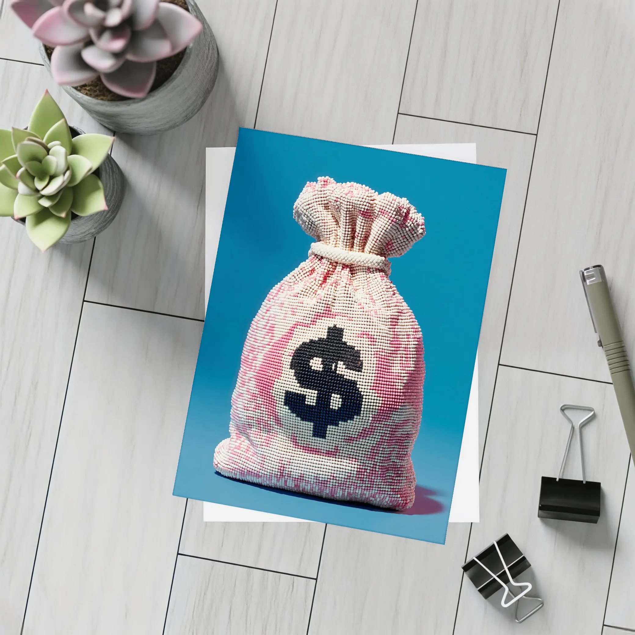Money Bag Dollar Sign Blue Background Art – Postcards