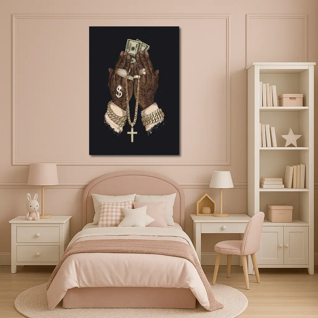 Praying Hands Gold Chain Money Black Background – Wall Art