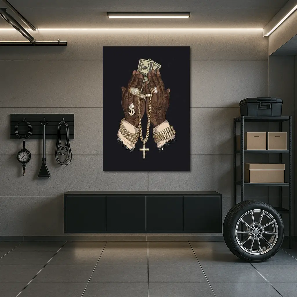 Praying Hands Gold Chain Money Black Background – Wall Art