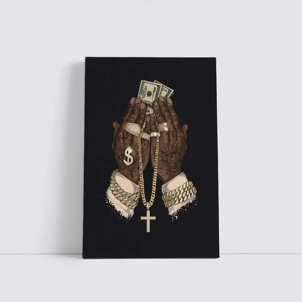 Praying Hands Gold Chain Money Black Background – Wall Art