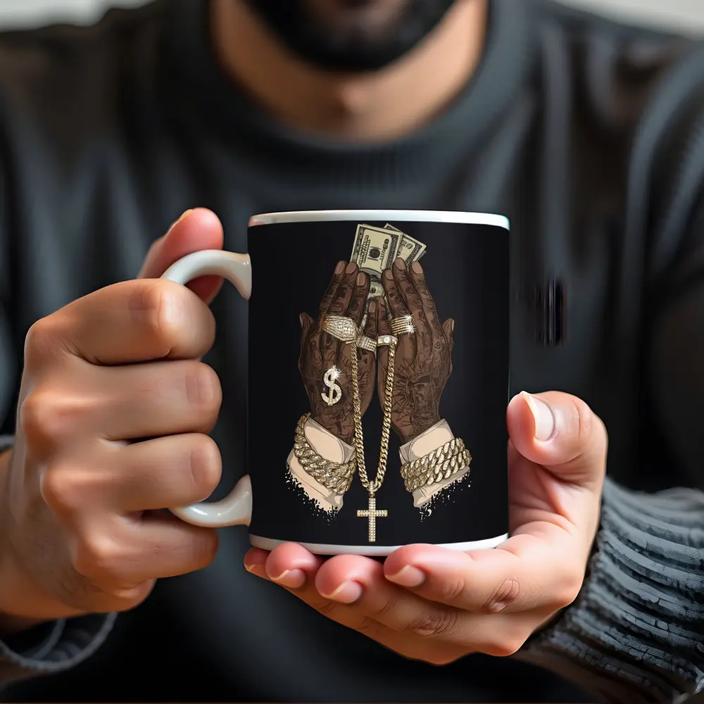 Praying Hands Gold Chain Money Black Background – Mugs