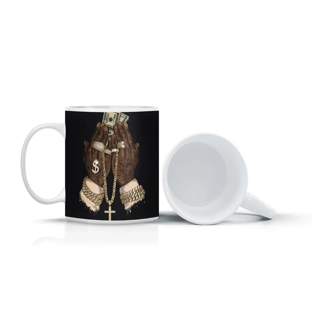 Praying Hands Gold Chain Money Black Background – Mugs