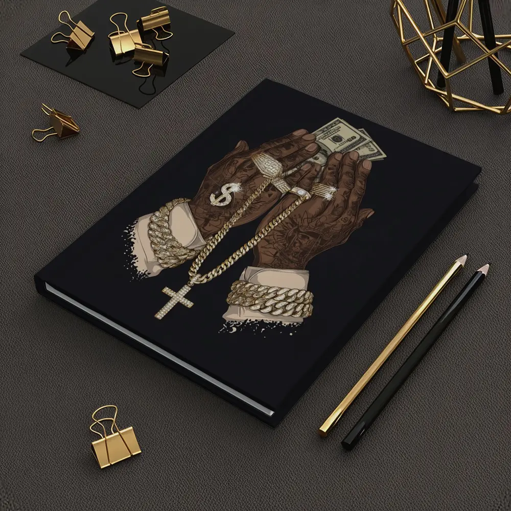 Praying Hands Gold Chain Money Black Background – Notebooks