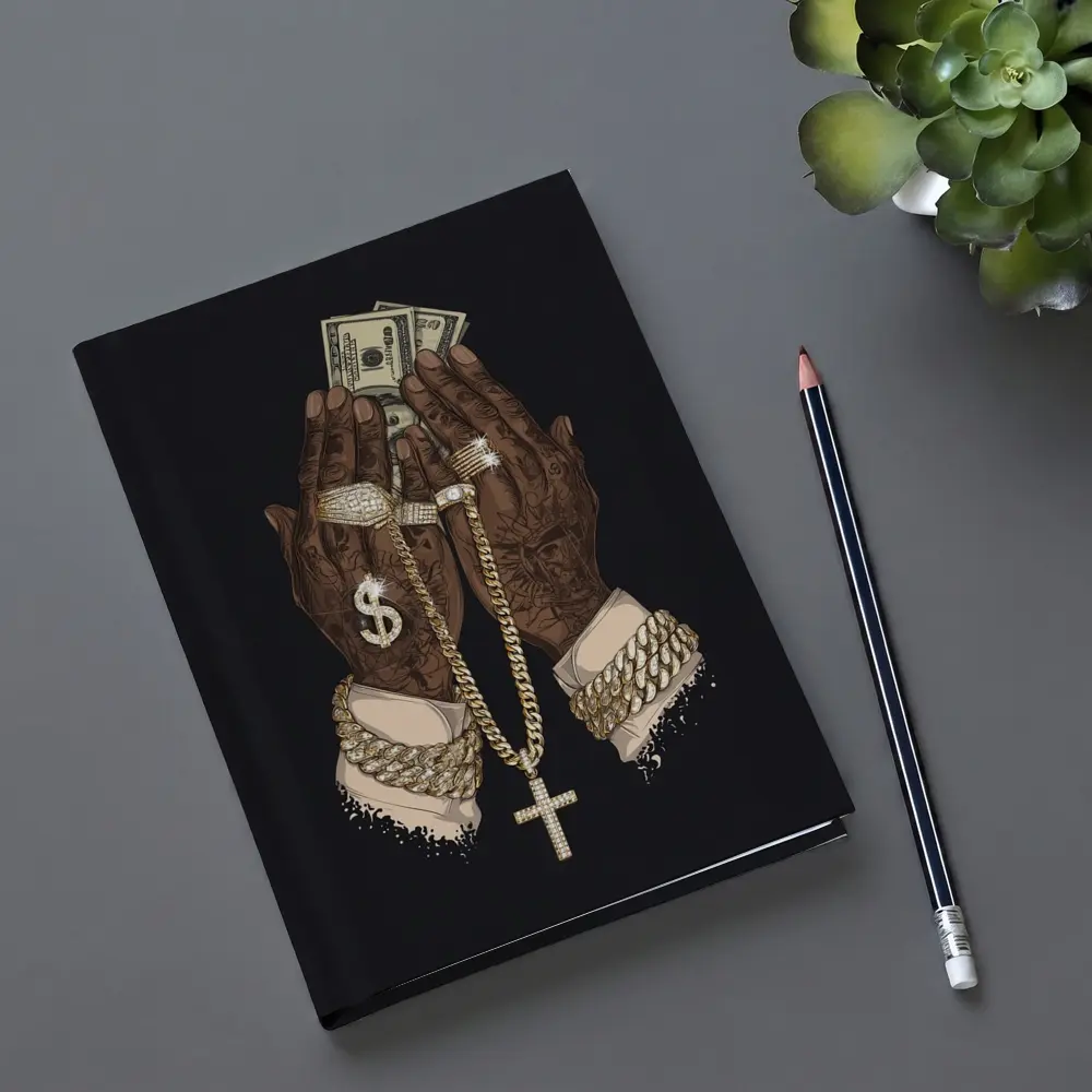 Praying Hands Gold Chain Money Black Background – Notebooks