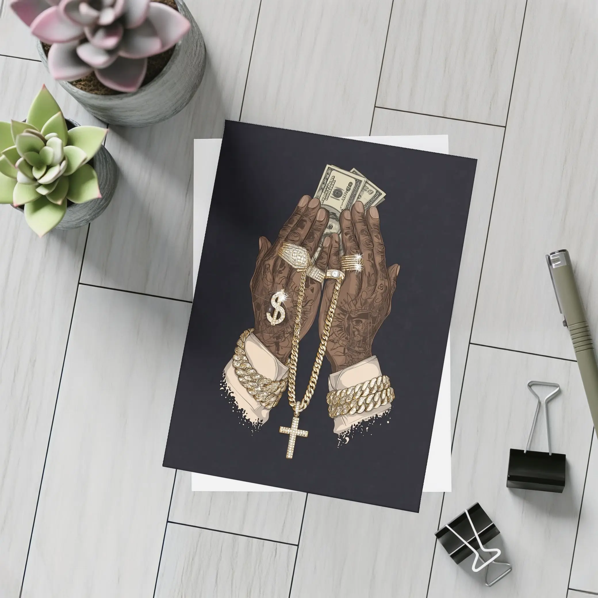 Praying Hands Gold Chain Money Black Background – Postcards