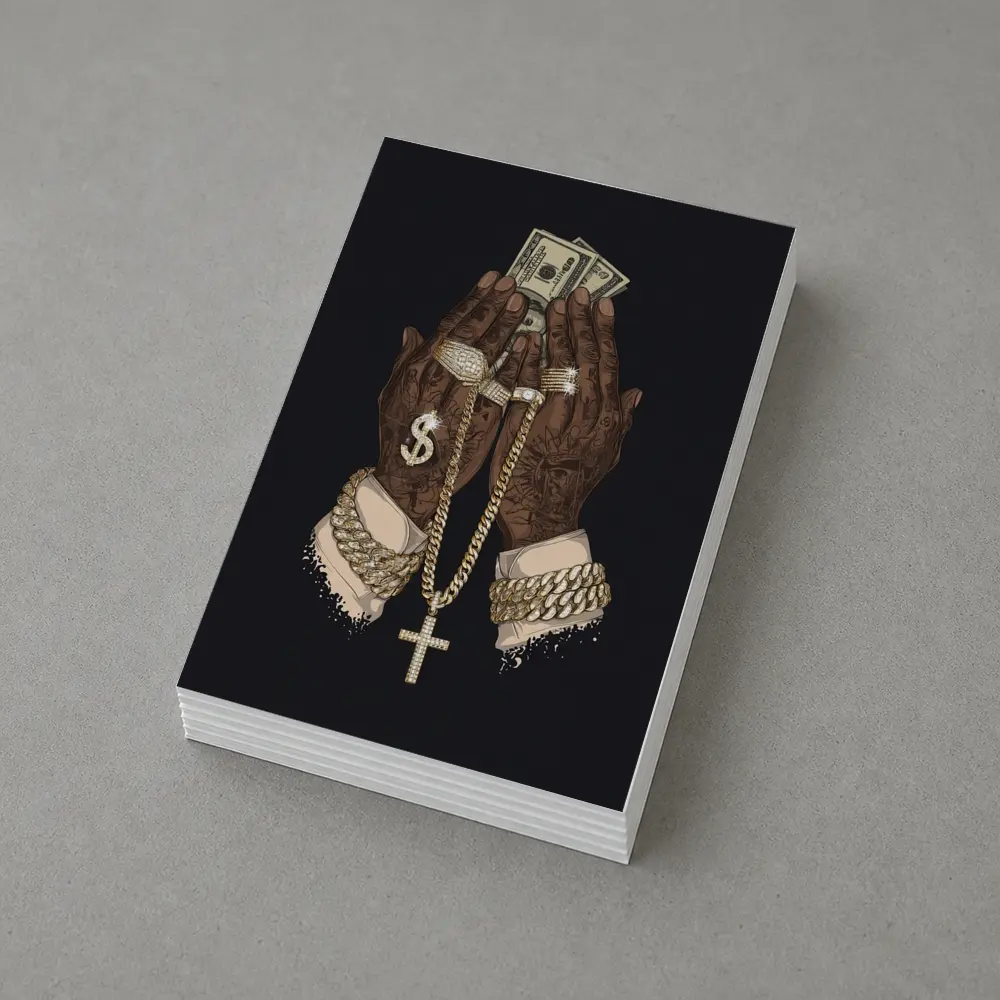 Praying Hands Gold Chain Money Black Background – Postcards