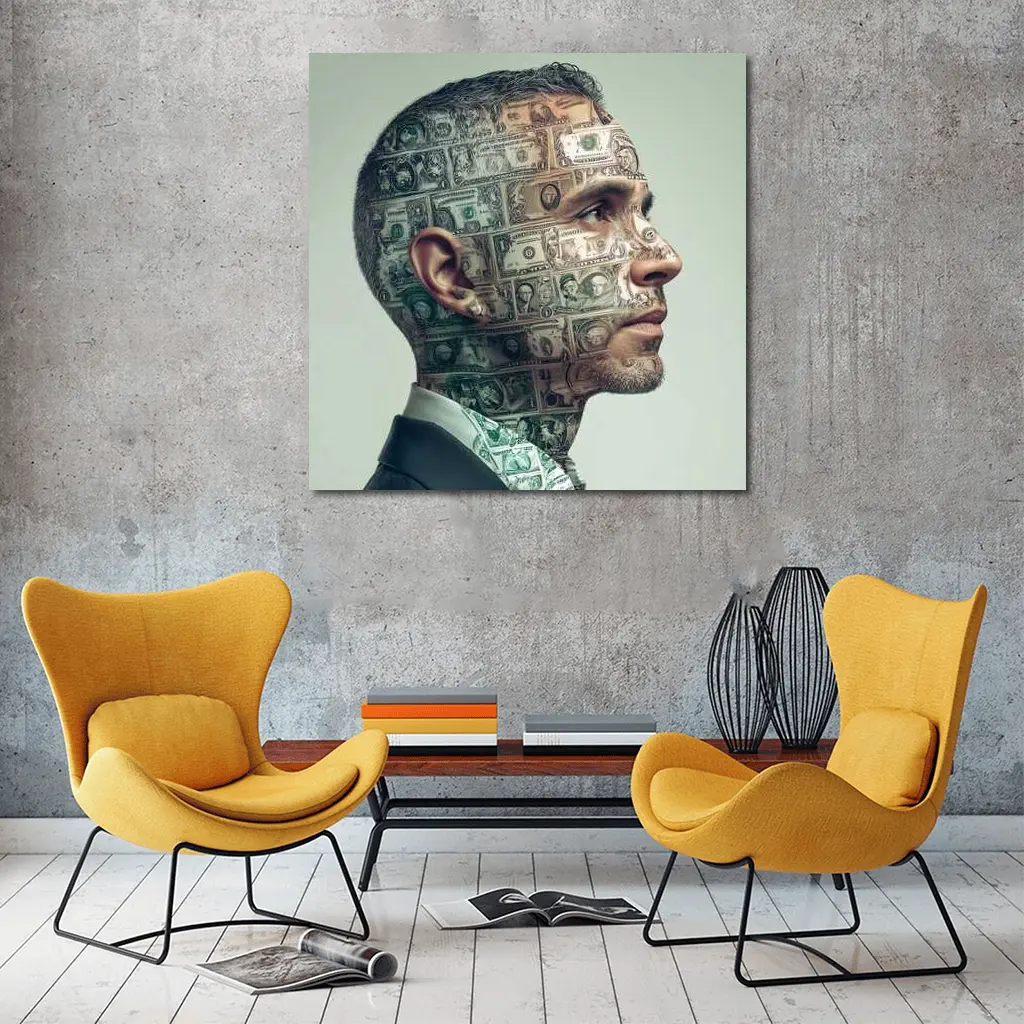 Man Face Covered In Dollar Bills Money – Wall Art
